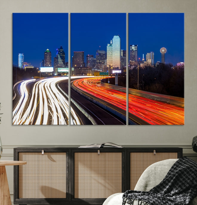 Dallas City Street Lights Night Skyline Art Cityscape Picture Print on Canvas