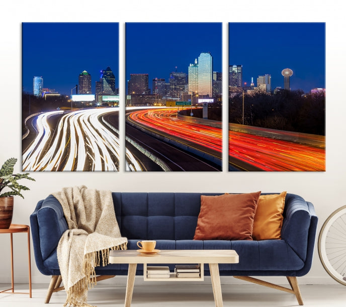 Dallas City Street Lights Night Skyline Art Cityscape Picture Print on Canvas