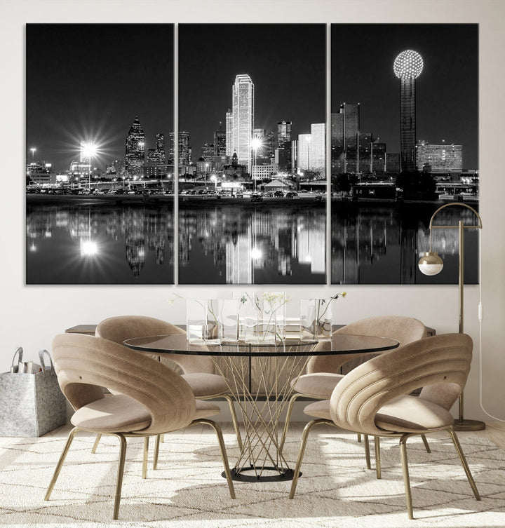 Dallas Downtown Black and White City Lights Skyline Wall Art Canvas Print