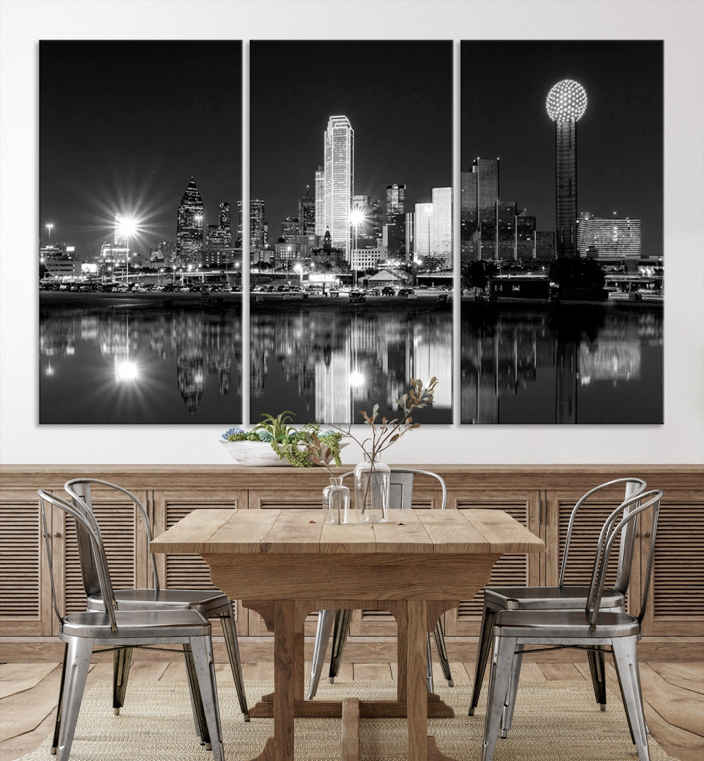 Dallas Downtown Black and White City Lights Skyline Wall Art Canvas Print