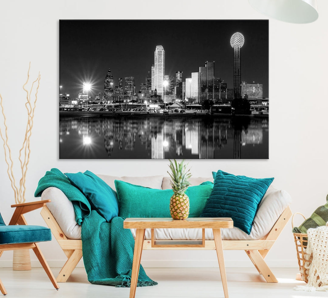 Dallas Downtown Black and White City Lights Skyline Wall Art Canvas Print