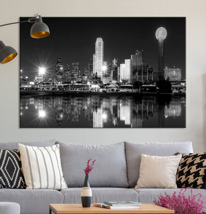 Dallas Downtown Black and White City Lights Skyline Wall Art Canvas Print