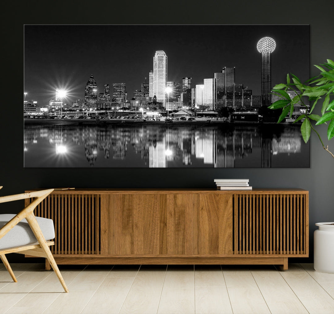 Dallas Downtown Black and White City Lights Skyline Wall Art Canvas Print