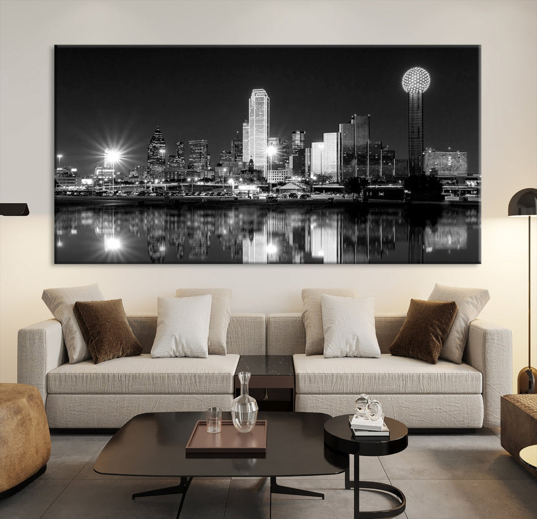 Dallas Downtown Black and White City Lights Skyline Wall Art Canvas Print