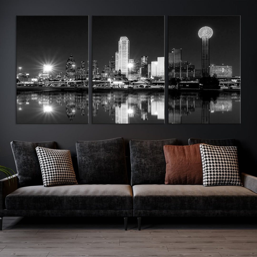 Dallas Downtown Black and White City Lights Skyline Wall Art Canvas Print