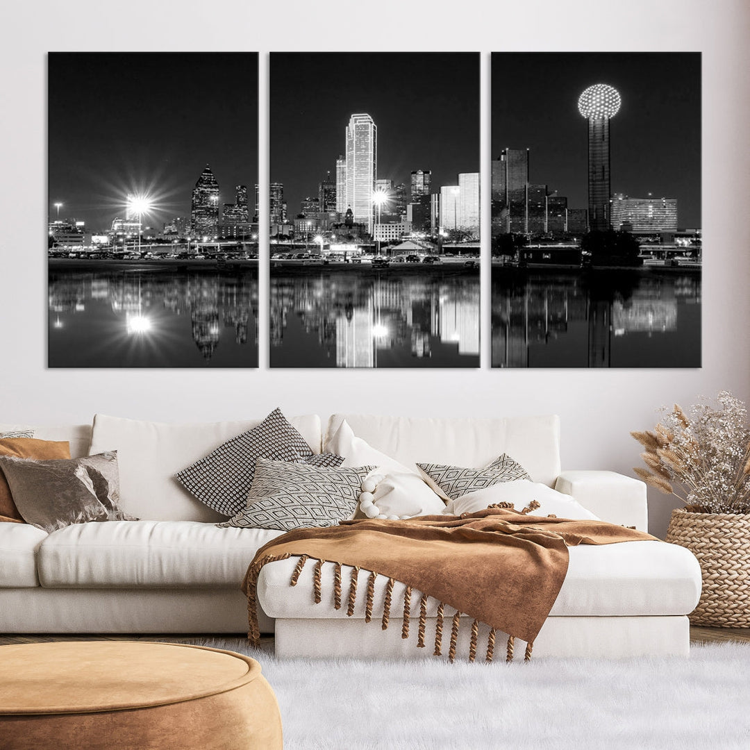 Dallas Downtown Black and White City Lights Skyline Wall Art Canvas Print