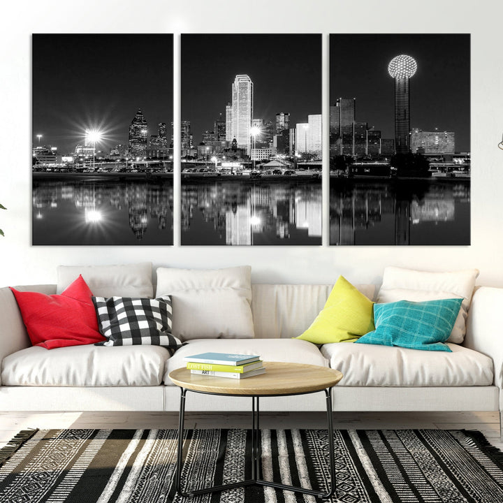 Dallas Downtown Black and White City Lights Skyline Wall Art Canvas Print