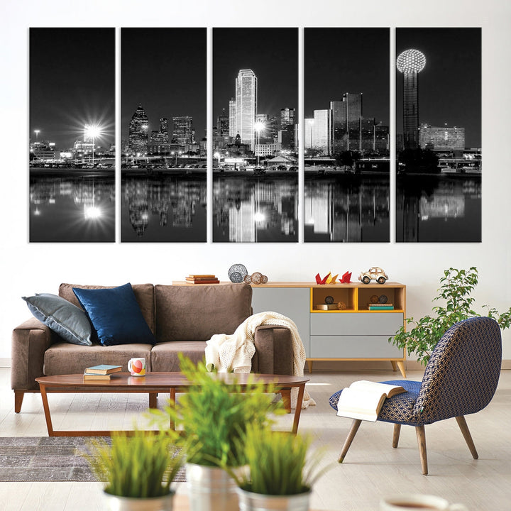 Dallas Downtown Black and White City Lights Skyline Wall Art Canvas Print