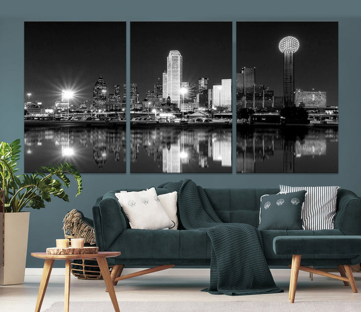 Dallas Downtown Black and White City Lights Skyline Wall Art Canvas Print