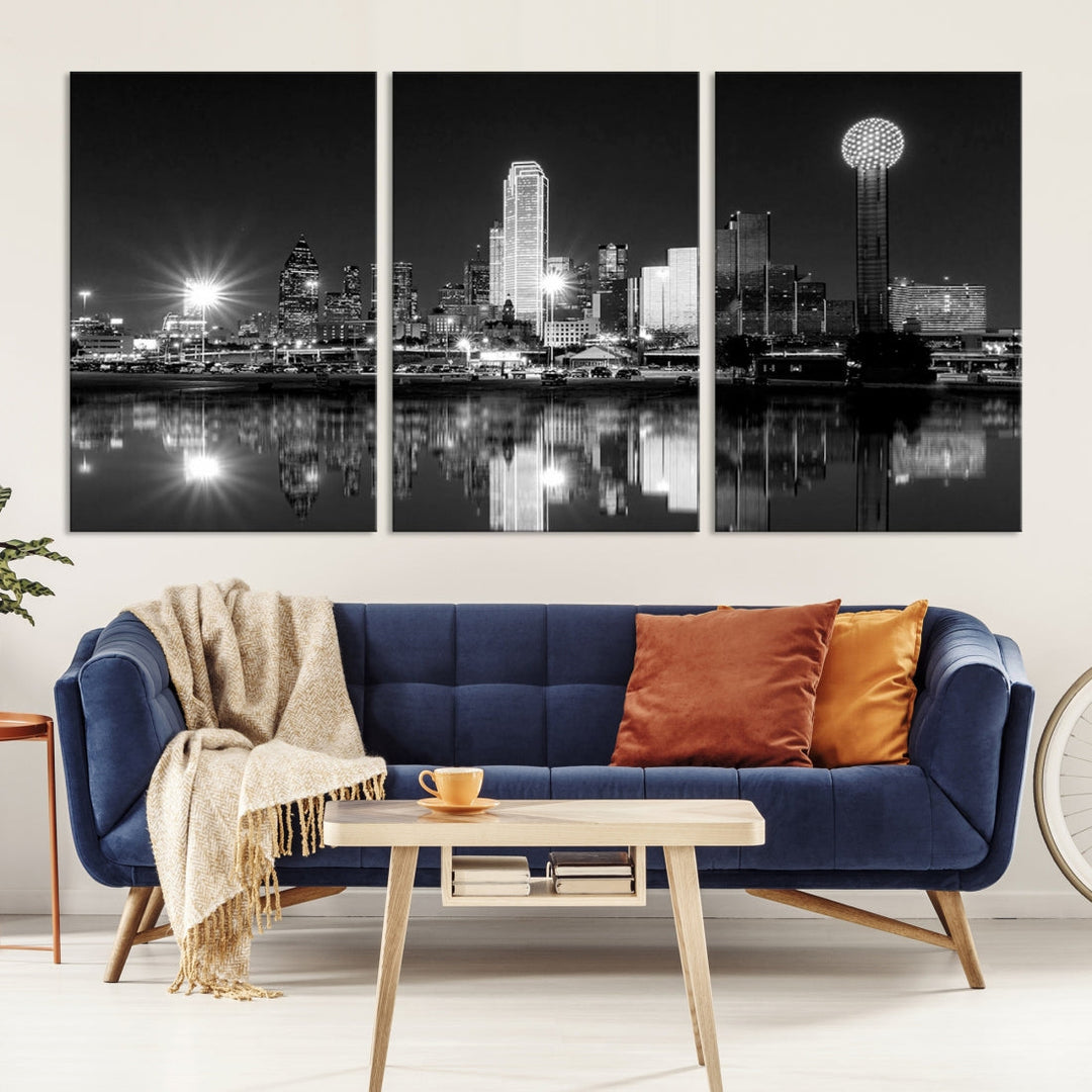 Dallas Downtown Black and White City Lights Skyline Wall Art Canvas Print