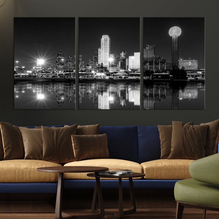 Dallas Downtown Black and White City Lights Skyline Wall Art Canvas Print