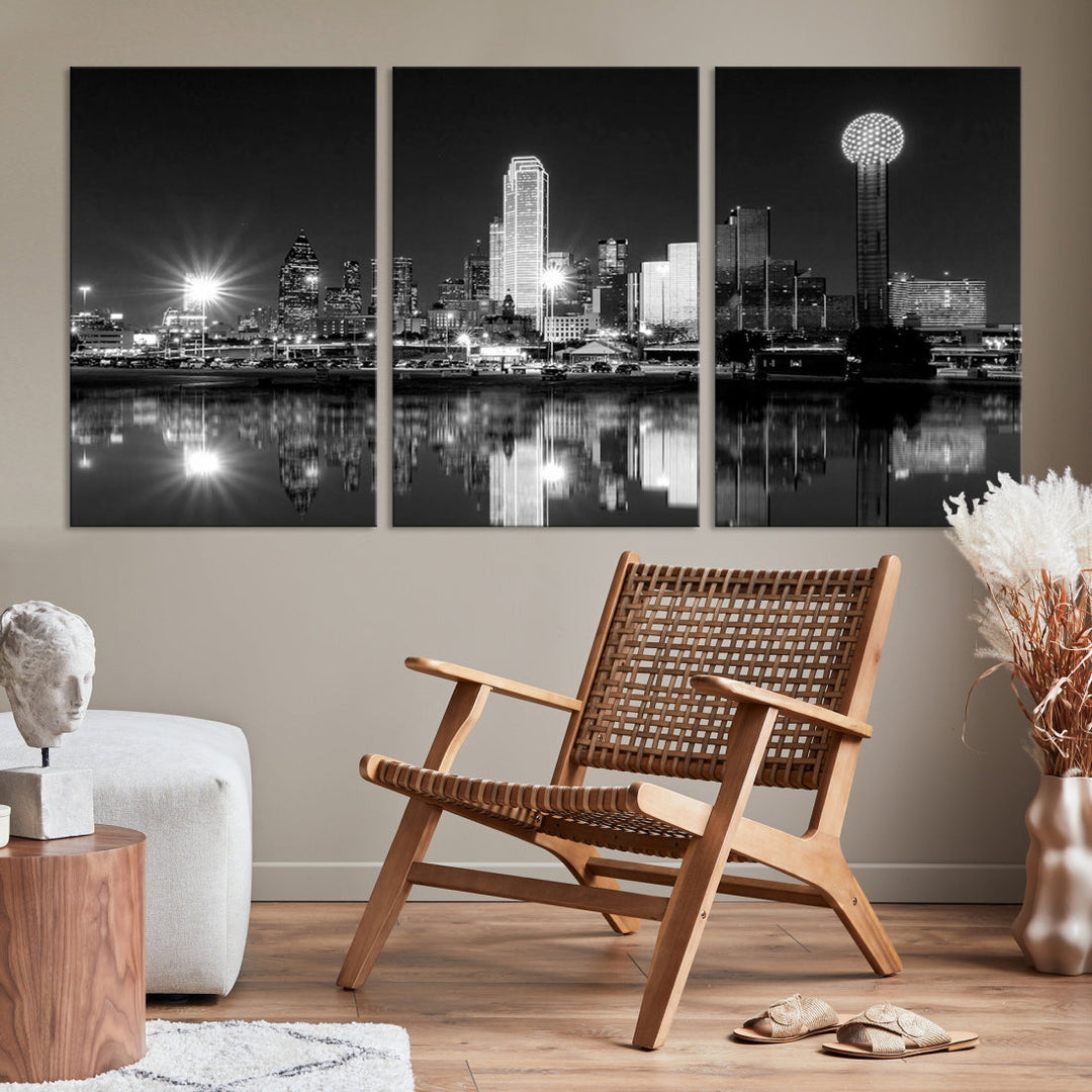 Dallas Downtown Black and White City Lights Skyline Wall Art Canvas Print