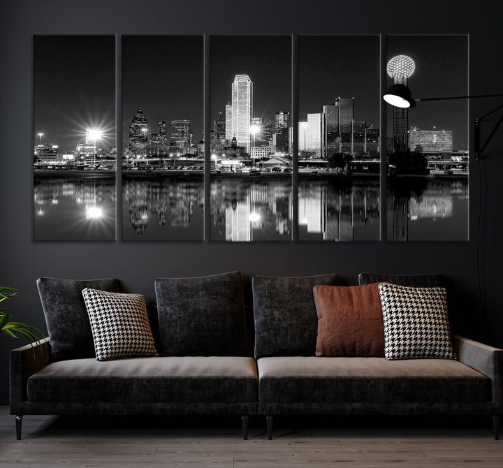 Dallas Downtown Black and White City Lights Skyline Wall Art Canvas Print