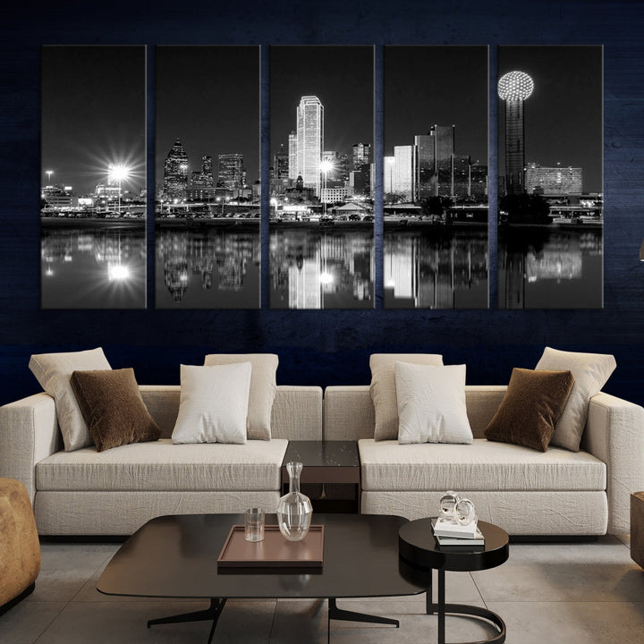 Dallas Downtown Black and White City Lights Skyline Wall Art Canvas Print