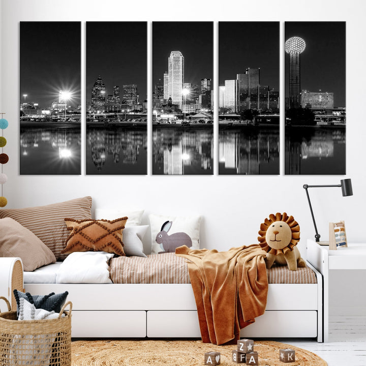 Dallas Downtown Black and White City Lights Skyline Wall Art Canvas Print