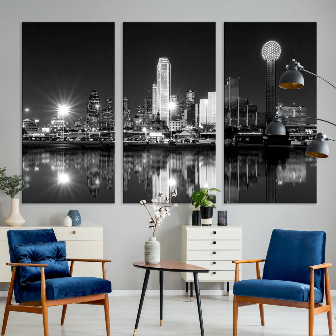 Dallas Downtown Black and White City Lights Skyline Wall Art Canvas Print