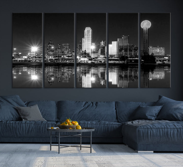 Dallas Downtown Black and White City Lights Skyline Wall Art Canvas Print