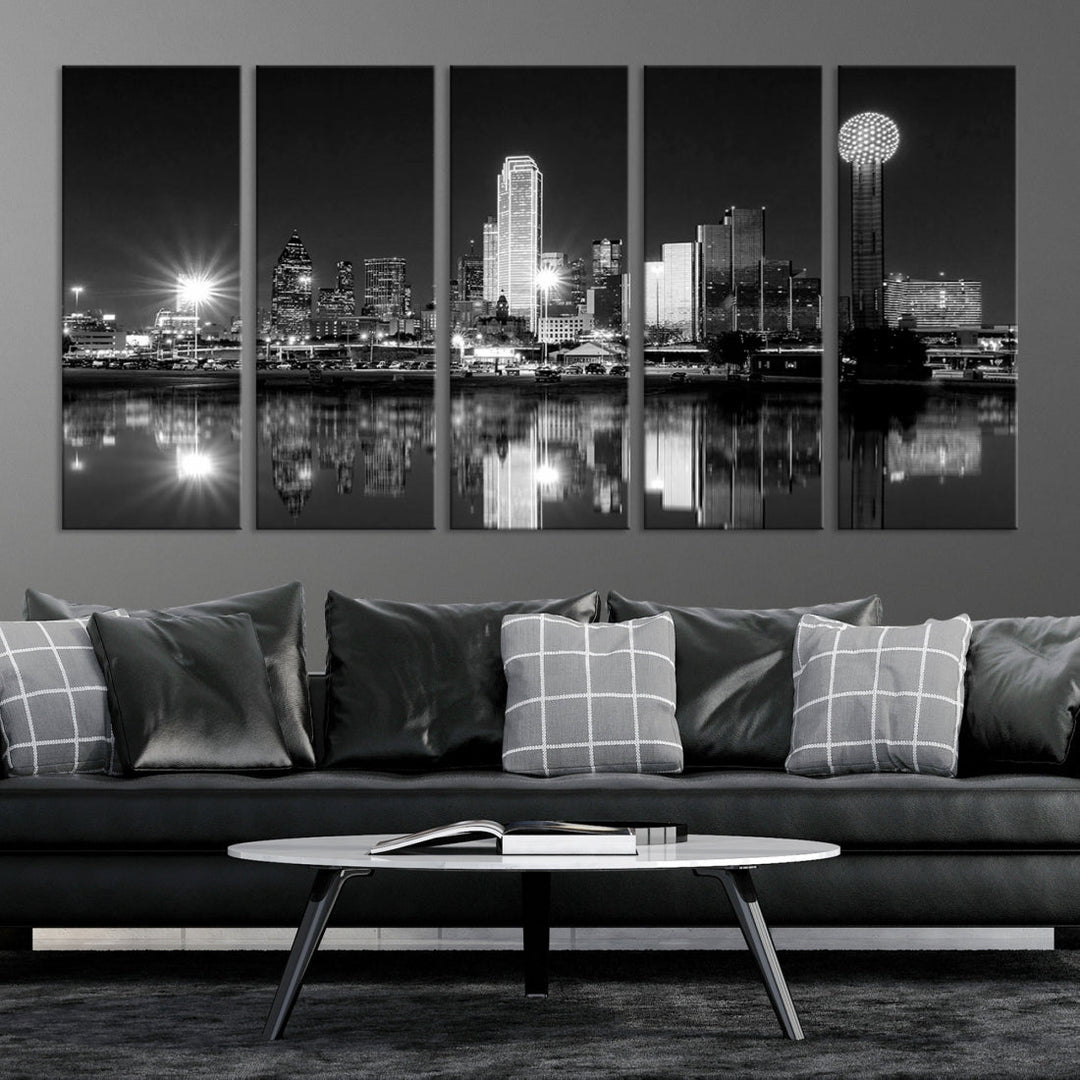 Dallas Downtown Black and White City Lights Skyline Wall Art Canvas Print