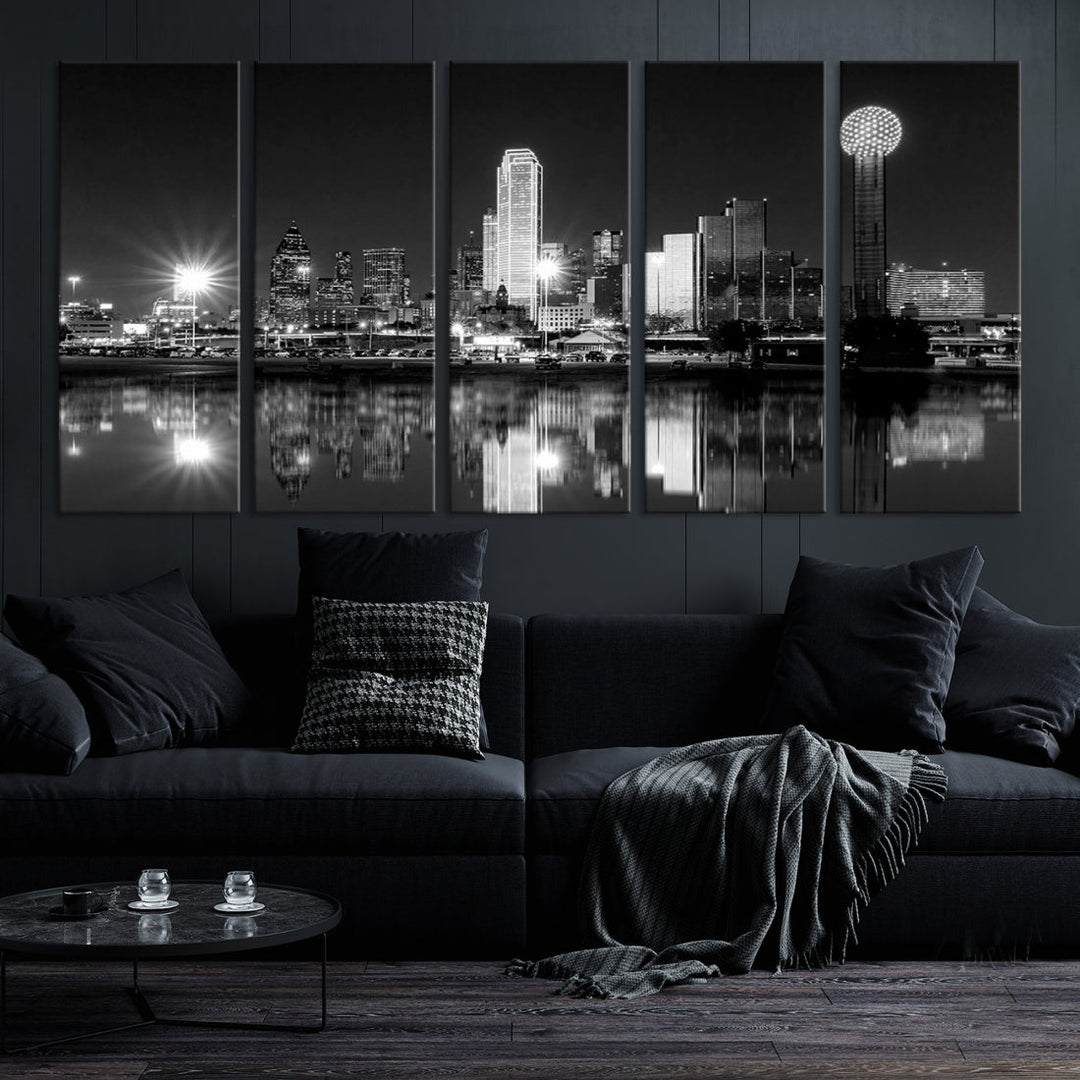 Dallas Downtown Black and White City Lights Skyline Wall Art Canvas Print