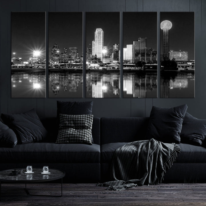 Dallas Downtown Black and White City Lights Skyline Wall Art Canvas Print