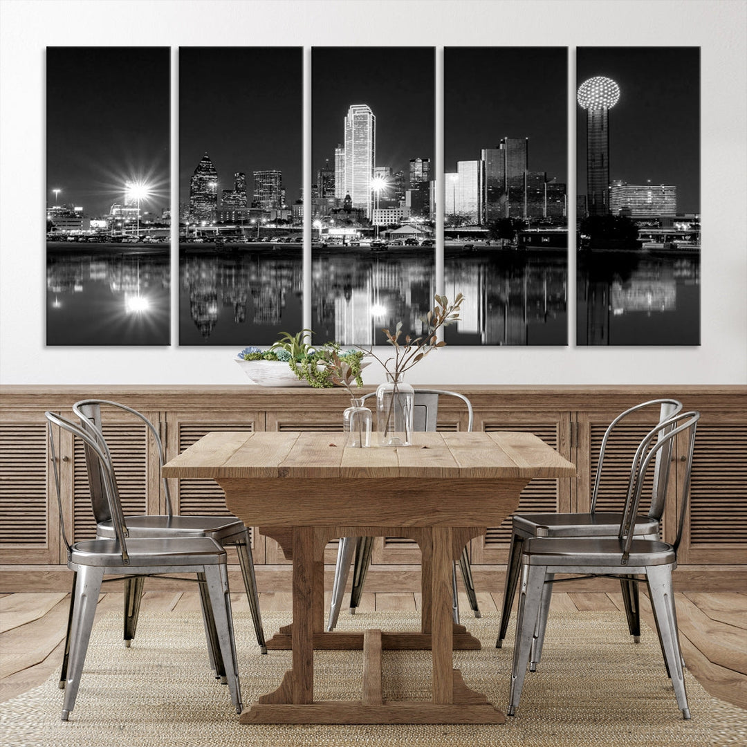 Dallas Downtown Black and White City Lights Skyline Wall Art Canvas Print