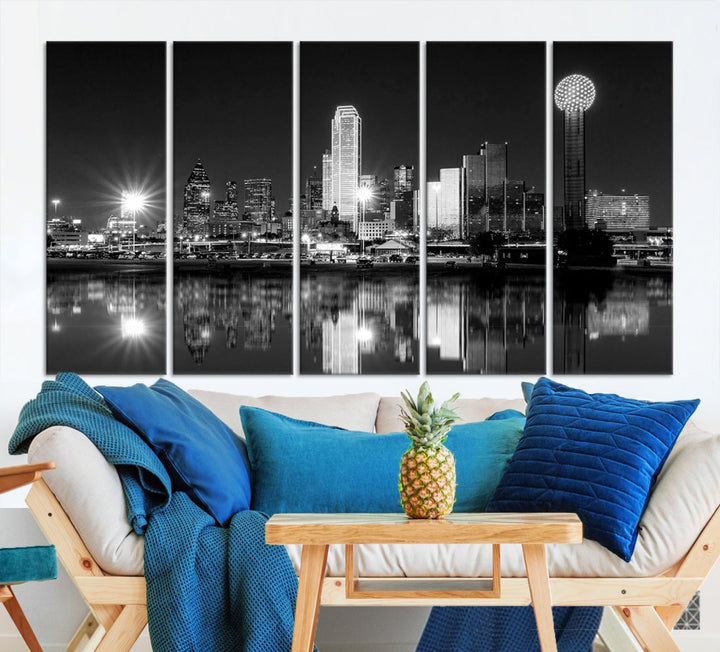 Dallas Downtown Black and White City Lights Skyline Wall Art Canvas Print