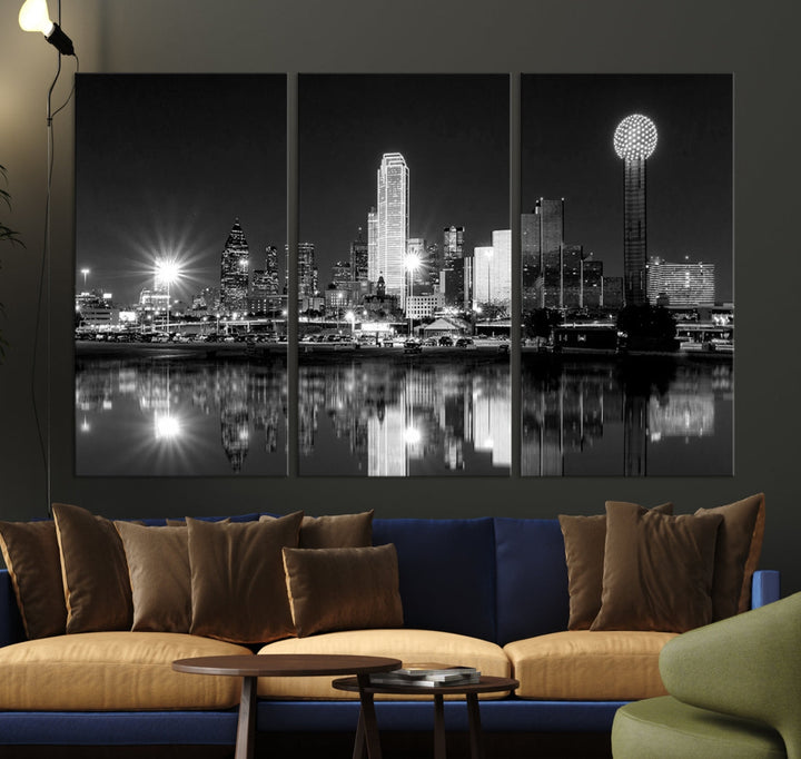 Dallas Downtown Black and White City Lights Skyline Wall Art Canvas Print