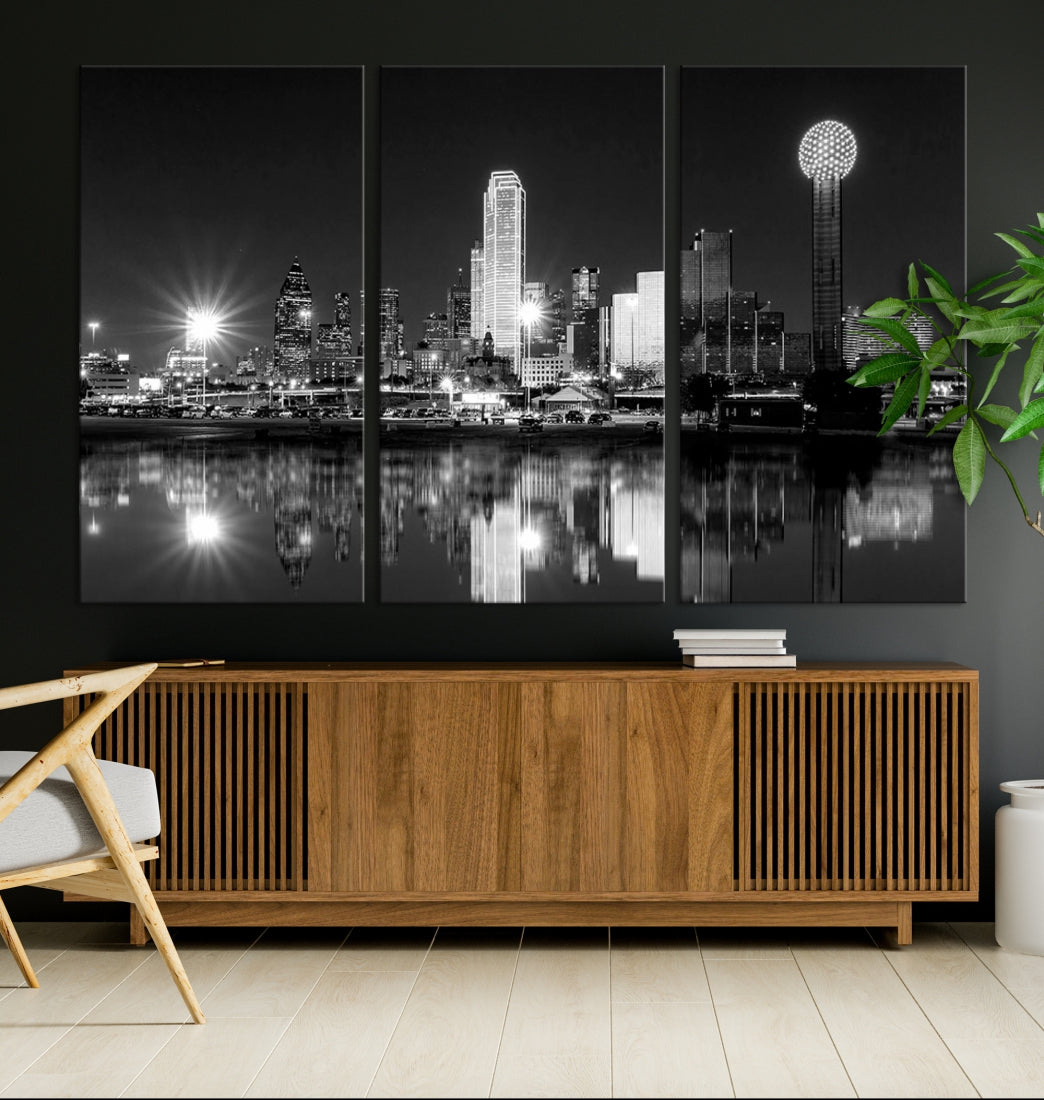 Dallas Downtown Black and White City Lights Skyline Wall Art Canvas Print