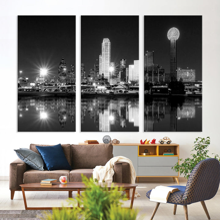 Dallas Downtown Black and White City Lights Skyline Wall Art Canvas Print