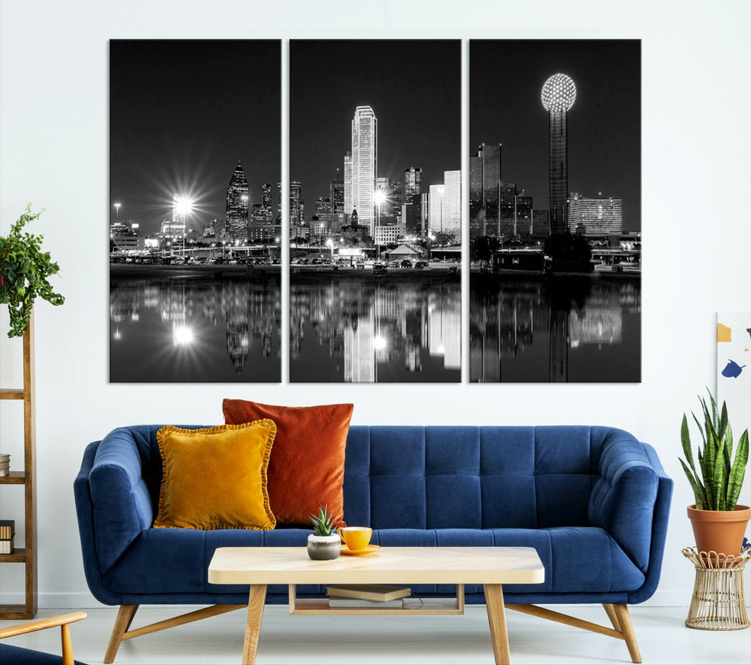 Dallas Downtown Black and White City Lights Skyline Wall Art Canvas Print