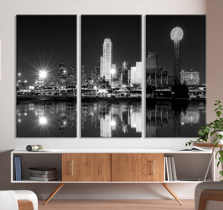 Dallas Downtown Black and White City Lights Skyline Wall Art Canvas Print