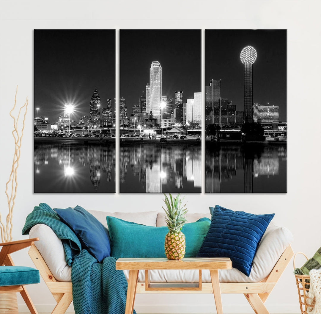 Dallas Downtown Black and White City Lights Skyline Wall Art Canvas Print