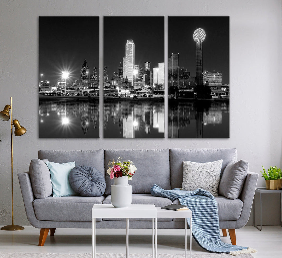 Dallas Downtown Black and White City Lights Skyline Wall Art Canvas Print