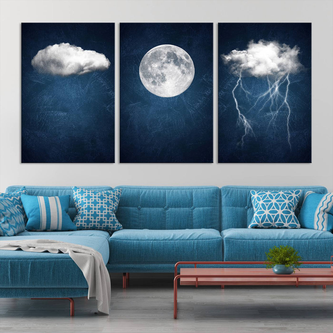 Dark Blue Cloud Art, 3 Piece Indigo Blue Wall Art, Aesthetic Surreal Art, Thunderstorm Moon Cloud Artworks