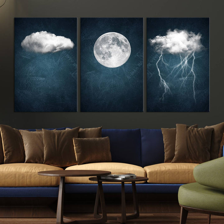 Dark Blue Cloud Art, 3 Piece Indigo Blue Wall Art, Aesthetic Surreal Art, Thunderstorm Moon Cloud Artworks