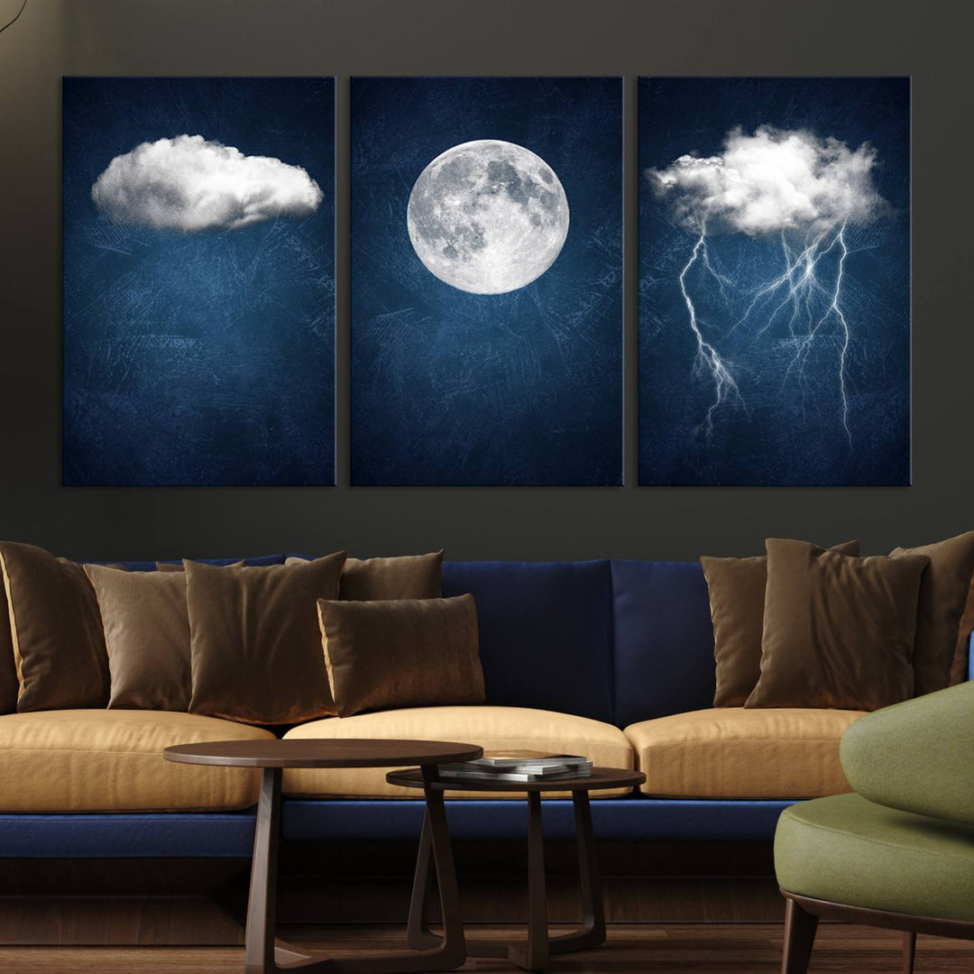 Dark Blue Cloud Art, 3 Piece Indigo Blue Wall Art, Aesthetic Surreal Art, Thunderstorm Moon Cloud Artworks