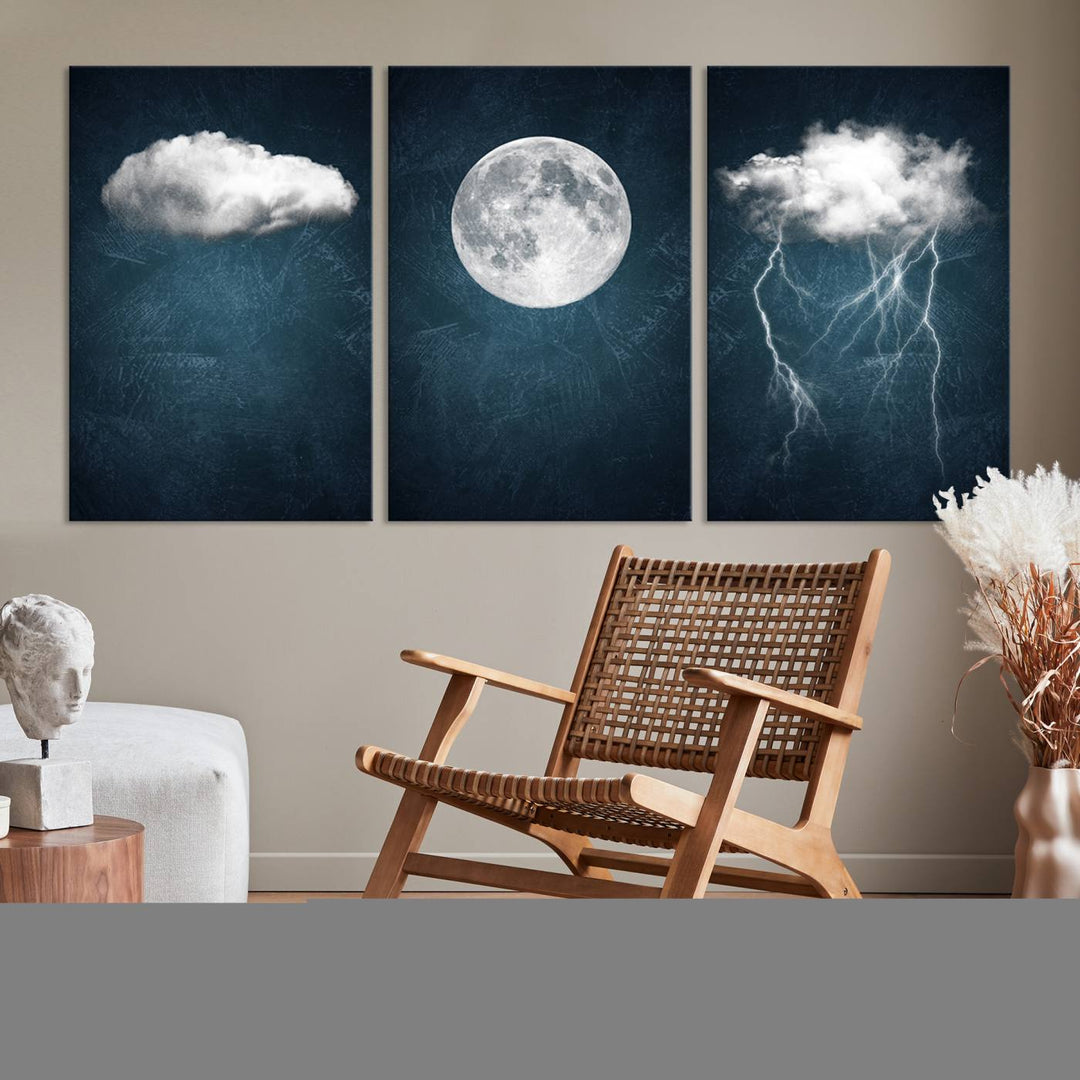 Dark Blue Cloud Art, 3 Piece Indigo Blue Wall Art, Aesthetic Surreal Art, Thunderstorm Moon Cloud Artworks