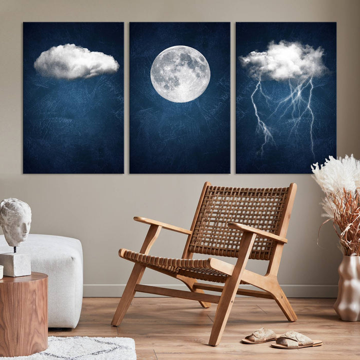 Dark Blue Cloud Art, 3 Piece Indigo Blue Wall Art, Aesthetic Surreal Art, Thunderstorm Moon Cloud Artworks