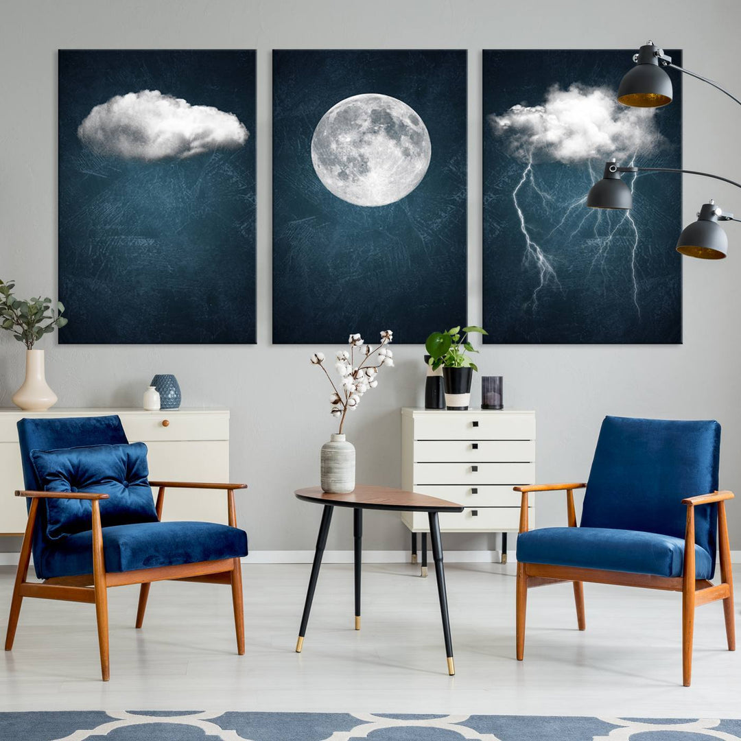 Dark Blue Cloud Art, 3 Piece Indigo Blue Wall Art, Aesthetic Surreal Art, Thunderstorm Moon Cloud Artworks