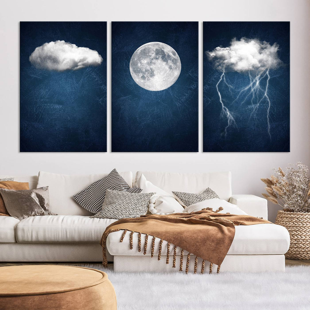 Dark Blue Cloud Art, 3 Piece Indigo Blue Wall Art, Aesthetic Surreal Art, Thunderstorm Moon Cloud Artworks