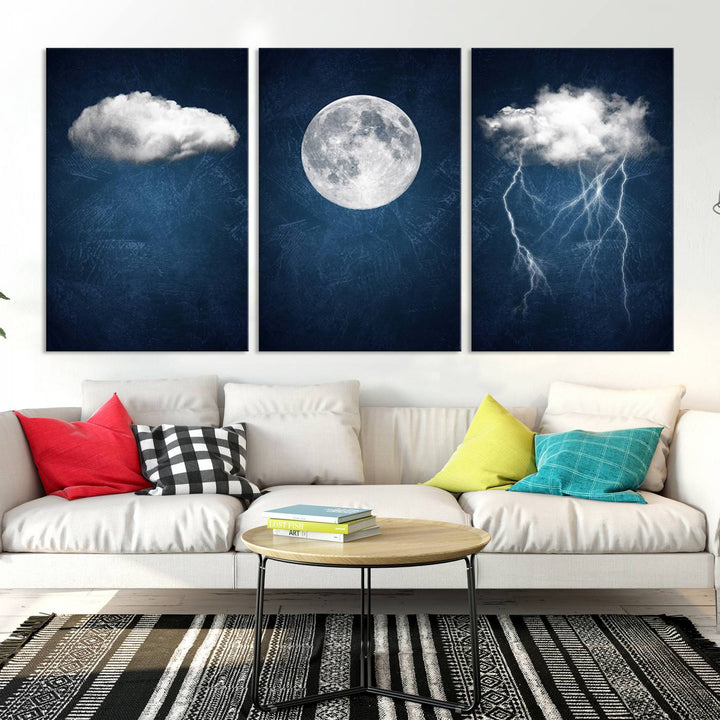 Dark Blue Cloud Art, 3 Piece Indigo Blue Wall Art, Aesthetic Surreal Art, Thunderstorm Moon Cloud Artworks