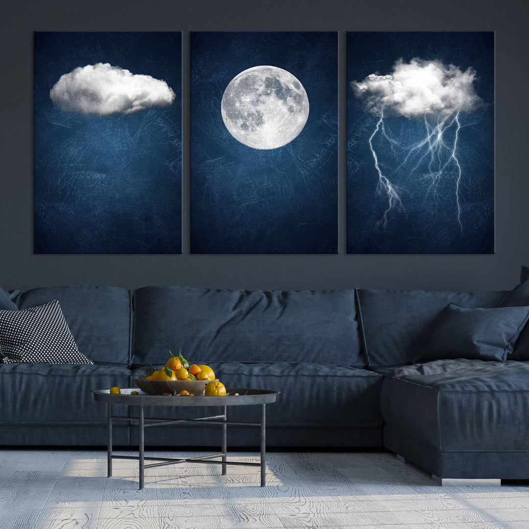 Dark Blue Cloud Art, 3 Piece Indigo Blue Wall Art, Aesthetic Surreal Art, Thunderstorm Moon Cloud Artworks