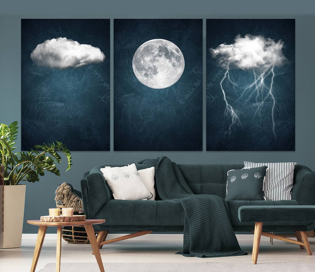 Dark Blue Cloud Art, 3 Piece Indigo Blue Wall Art, Aesthetic Surreal Art, Thunderstorm Moon Cloud Artworks