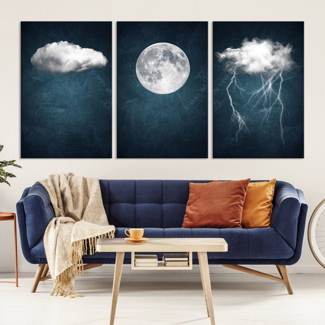 Dark Blue Cloud Art, 3 Piece Indigo Blue Wall Art, Aesthetic Surreal Art, Thunderstorm Moon Cloud Artworks