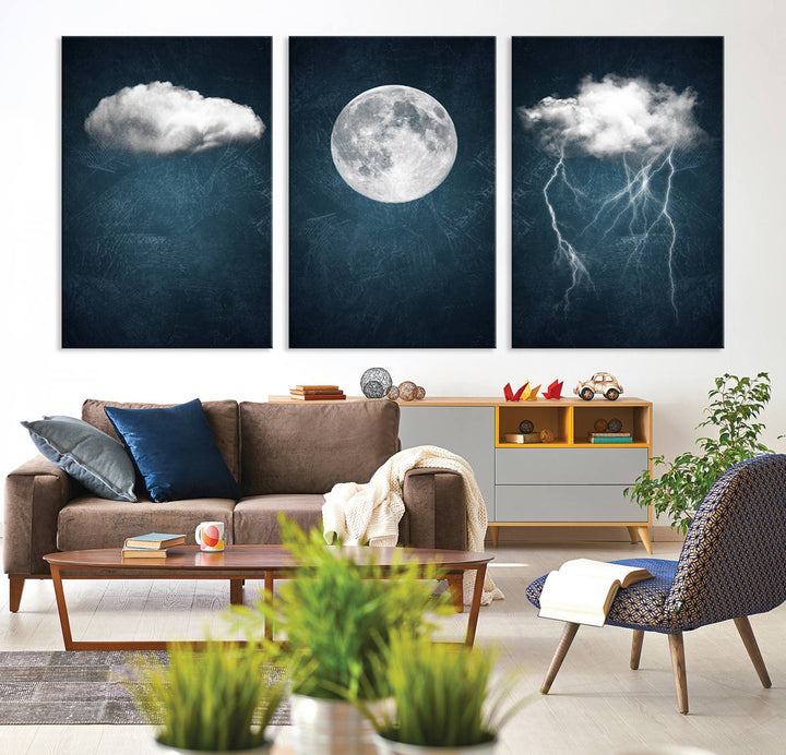 Dark Blue Cloud Art, 3 Piece Indigo Blue Wall Art, Aesthetic Surreal Art, Thunderstorm Moon Cloud Artworks