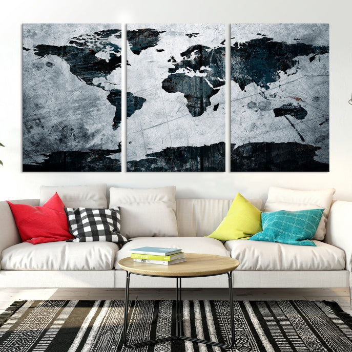 Dark Modern World Map Watercolor Wall Art Canvas Print