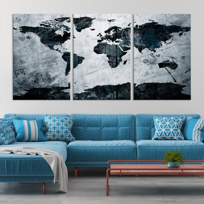 Dark Modern World Map Watercolor Wall Art Canvas Print