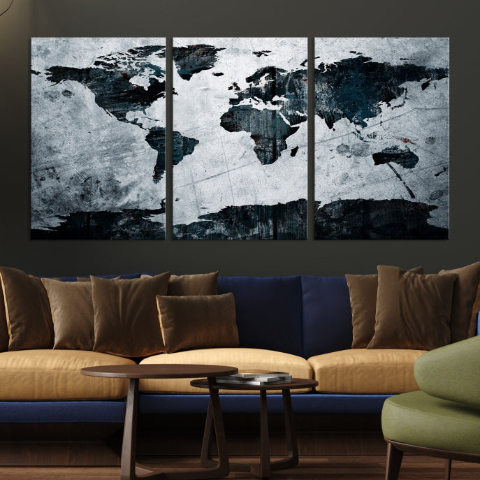 Dark Modern World Map Watercolor Wall Art Canvas Print