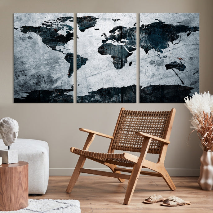 Dark Modern World Map Watercolor Wall Art Canvas Print