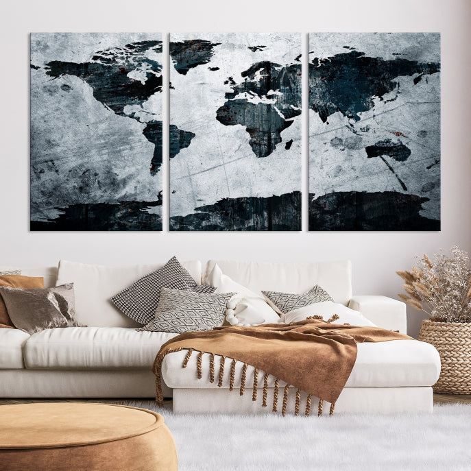 Dark Modern World Map Watercolor Wall Art Canvas Print